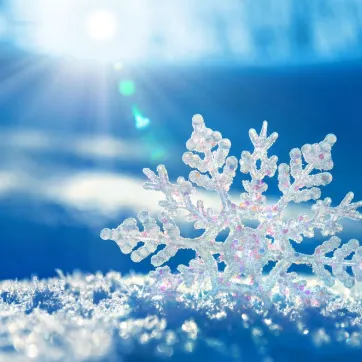 Snowflake with a blue background and the sun's rays trying to peek through.